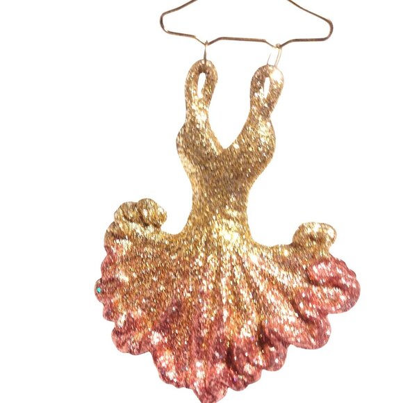 Vintage Gold & Pink Glitter Resin Dress Ornament With Gold Brass Hanger 5.5" - Picture 2 of 7